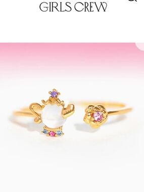Girls Crew Gold Teapot & Rose Adjustable Ring & Gold Chip Ring.